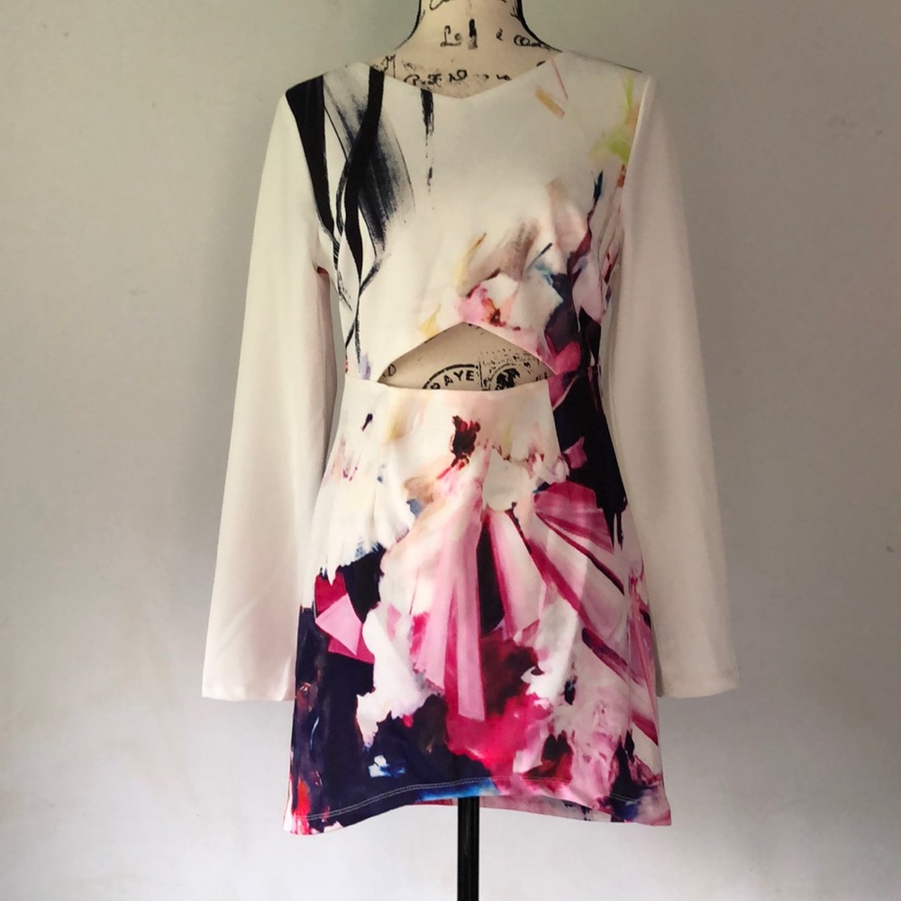 Peppermayo White Mini Dress with Pink and Black Abstract Print
